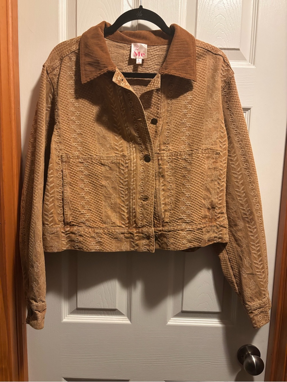 So Me Women's Brown Textured Corduroy Collar Jean Jacket